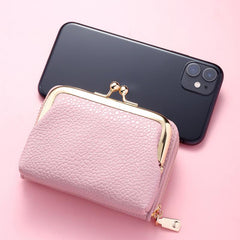 Solid Short Clutch Wallet Coin Purse With Zipper & Kiss Lock Pocket