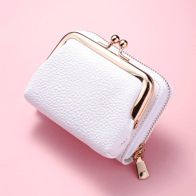 Solid Short Clutch Wallet Coin Purse With Zipper & Kiss Lock Pocket