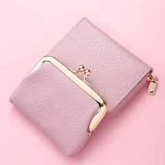 Solid Short Clutch Wallet Coin Purse With Zipper & Kiss Lock Pocket