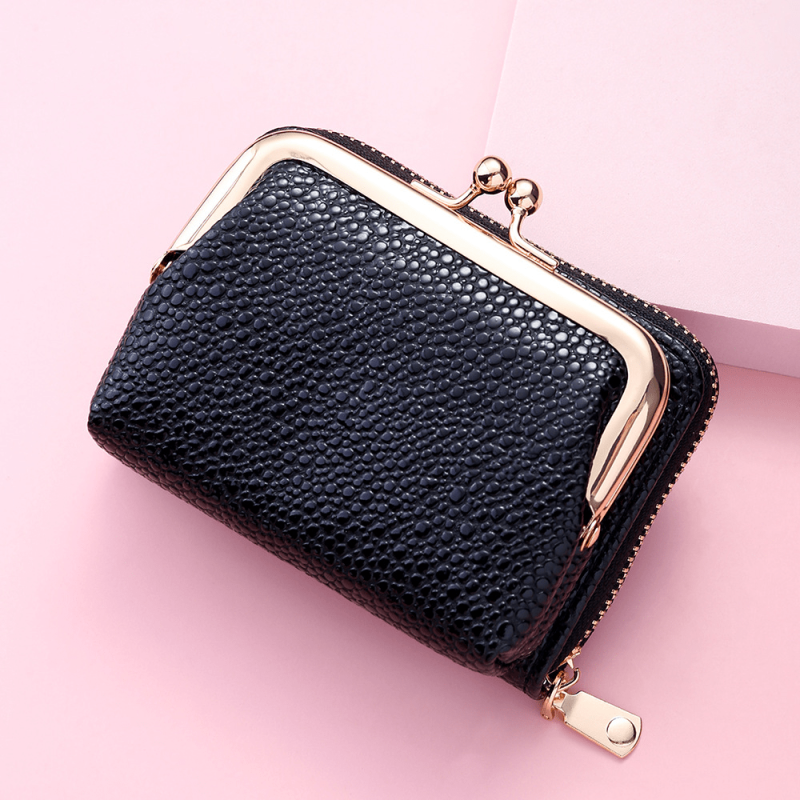 Solid Short Clutch Wallet Coin Purse With Zipper & Kiss Lock Pocket