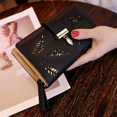 Women's Hollow Leaves Print Long Purse Portable Coin Purse