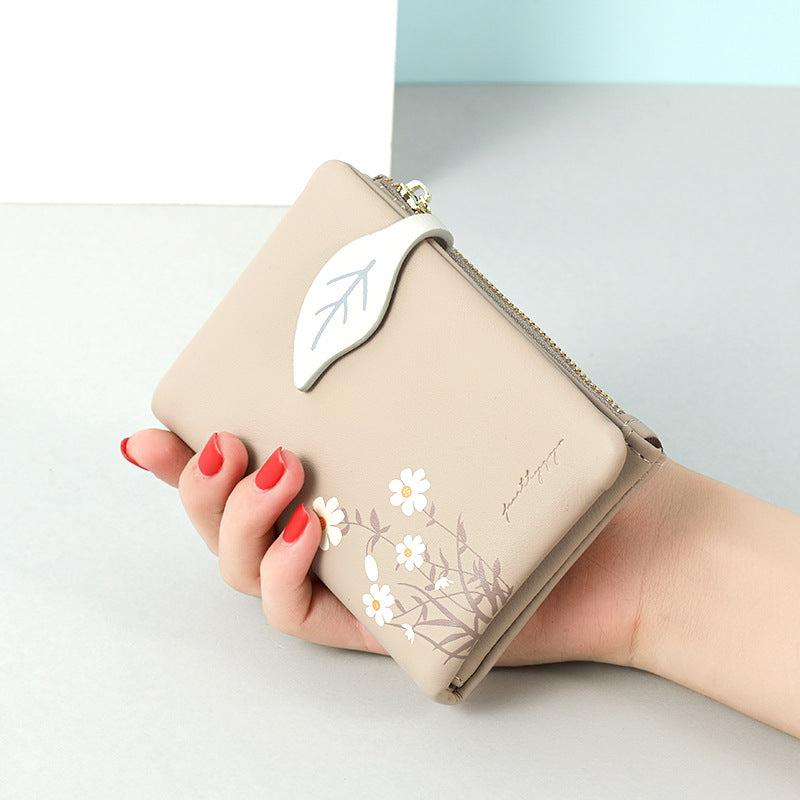 Floral Print Mini Wallet Leaf Shape Snap Button Mini Purse