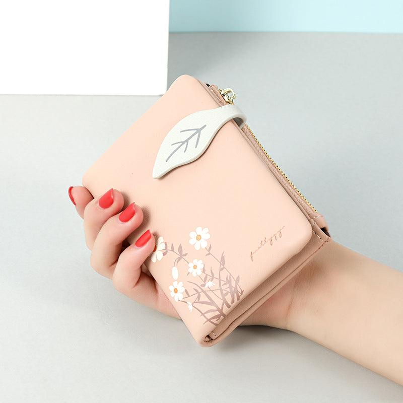Floral Print Mini Wallet Leaf Shape Snap Button Mini Purse