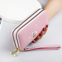 Rhinestone Heart Long Wallet Zipper Purse Faux Leather Clutch Handbag
