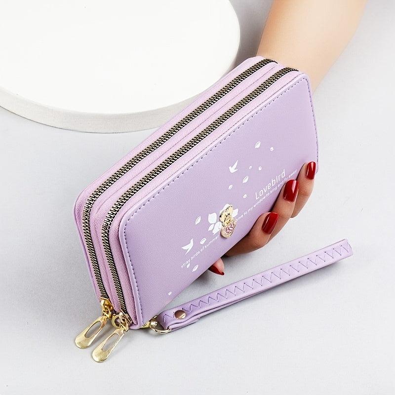 Rhinestone Heart Long Wallet Zipper Purse Faux Leather Clutch Handbag