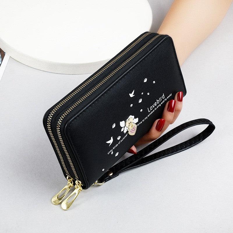 Rhinestone Heart Long Wallet Zipper Purse Faux Leather Clutch Handbag