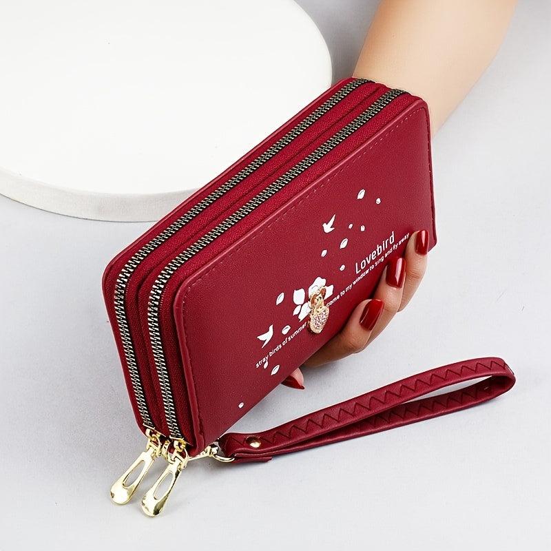 Rhinestone Heart Long Wallet Zipper Purse Faux Leather Clutch Handbag