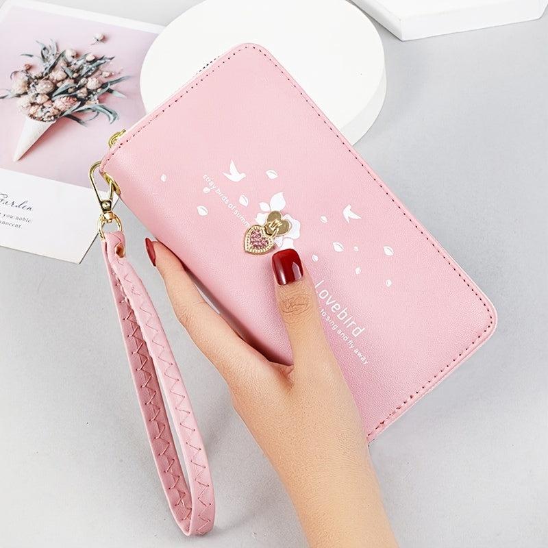 Rhinestone Heart Long Wallet Zipper Purse Faux Leather Clutch Handbag