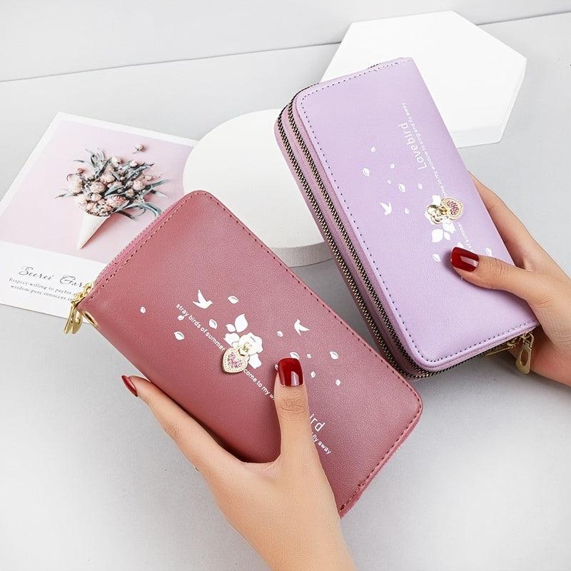 Rhinestone Heart Long Wallet Zipper Purse Faux Leather Clutch Handbag