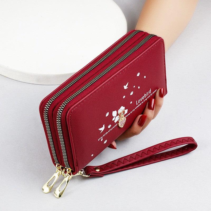 Rhinestone Heart Long Wallet Zipper Purse Faux Leather Clutch Handbag