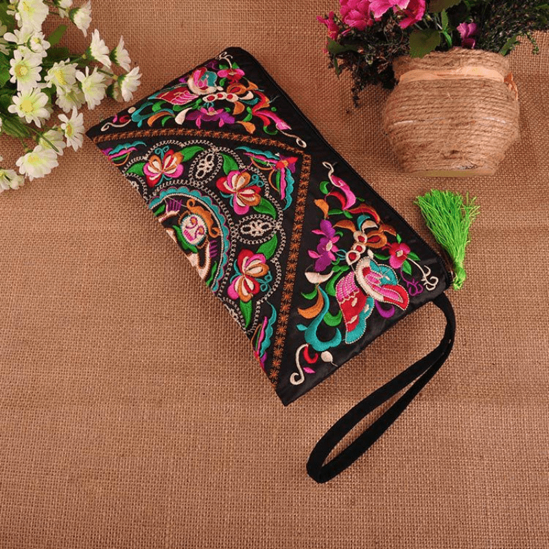 Vintage Embroidery Flower Wallet Long Clutch Purse with Zipper