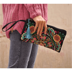 Vintage Embroidery Flower Wallet Long Clutch Purse with Zipper