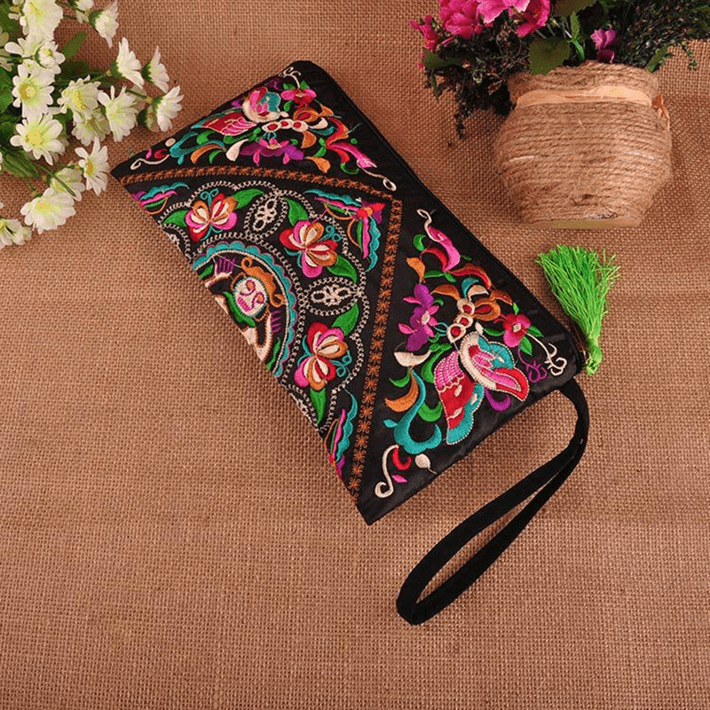 Vintage Embroidery Flower Wallet Long Clutch Purse with Zipper