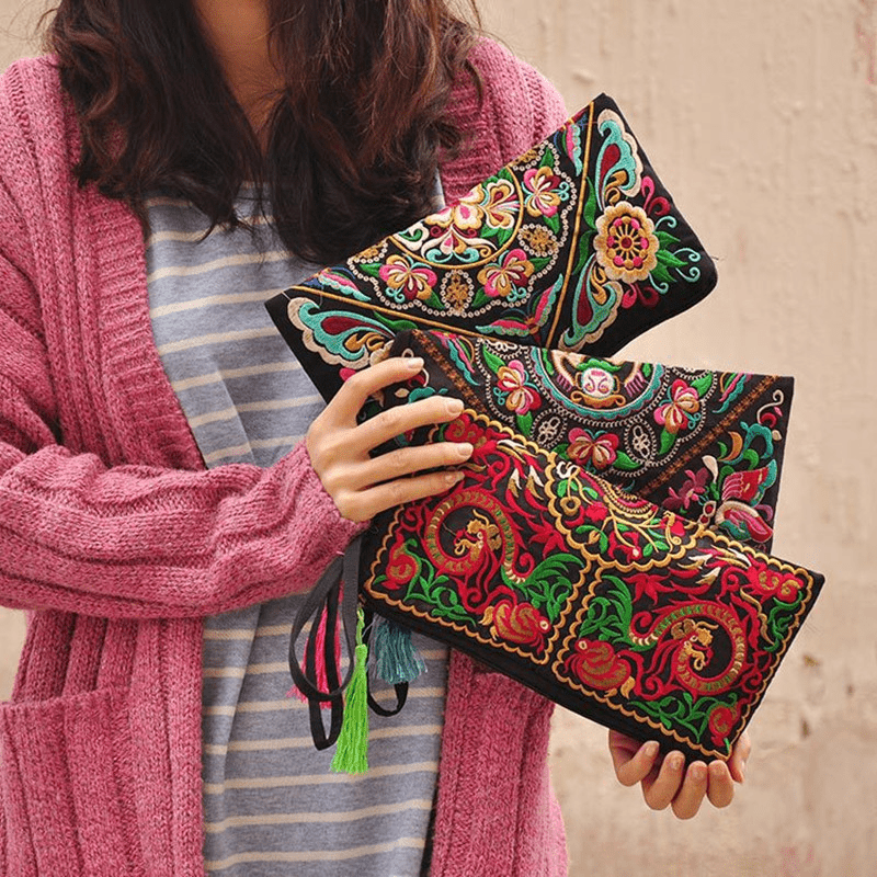 Vintage Embroidery Flower Wallet Long Clutch Purse with Zipper