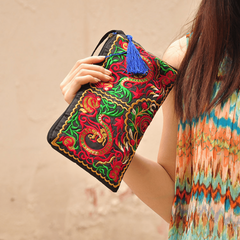 Vintage Embroidery Flower Wallet Long Clutch Purse with Zipper