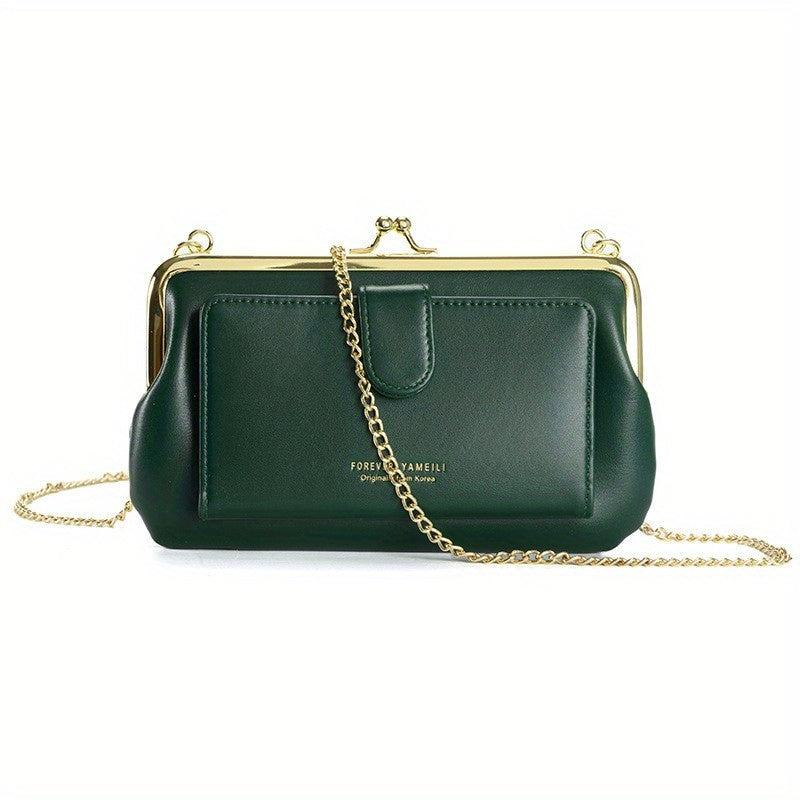 Vintage Chain Crossbody Bag & Clutch Purse, Kiss Lock Long Wallet for Women