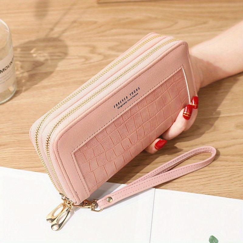 Stone Embossed Long Wallet Double Zipper Clutch Purse