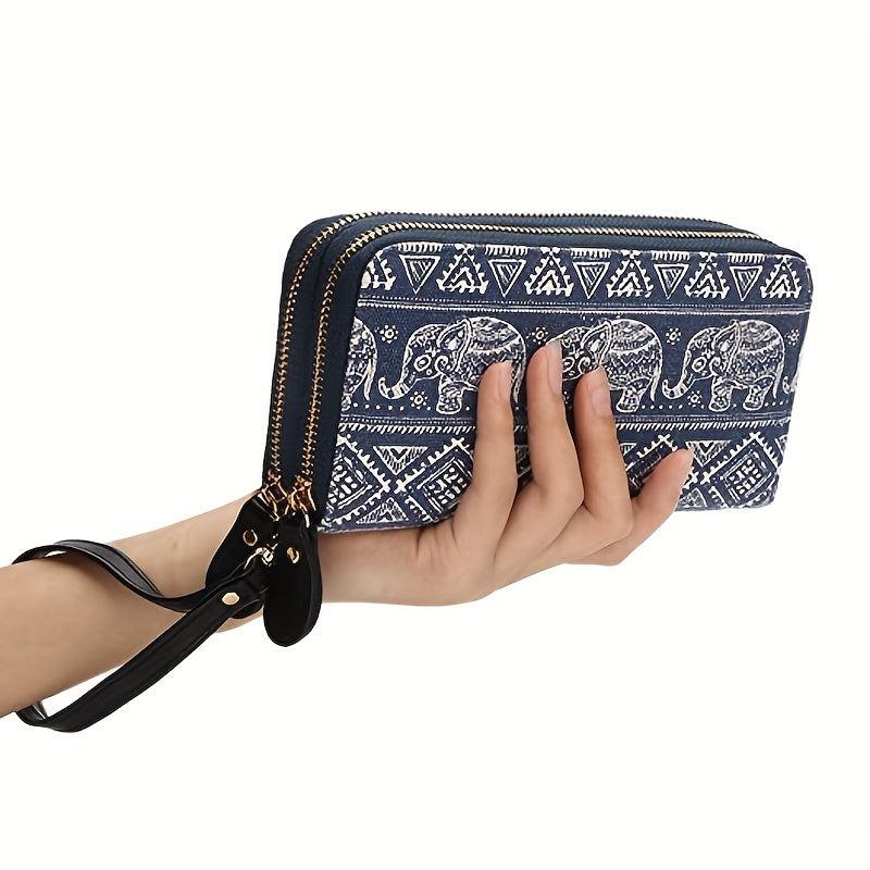 Mini Elephant Pattern Bohemian Handbag Canvas Retro Durable Zipper Wallet