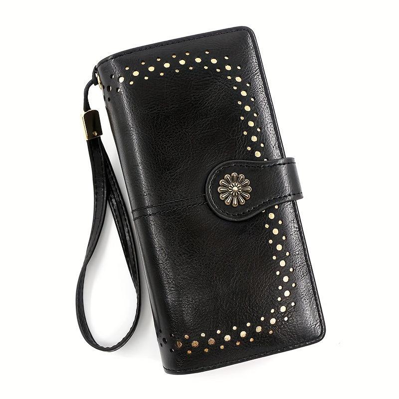 Vintage Long Wallet Large Capacity Coin Purse Clutch With Wristband