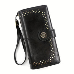 Vintage Long Wallet Large Capacity Coin Purse Clutch With Wristband