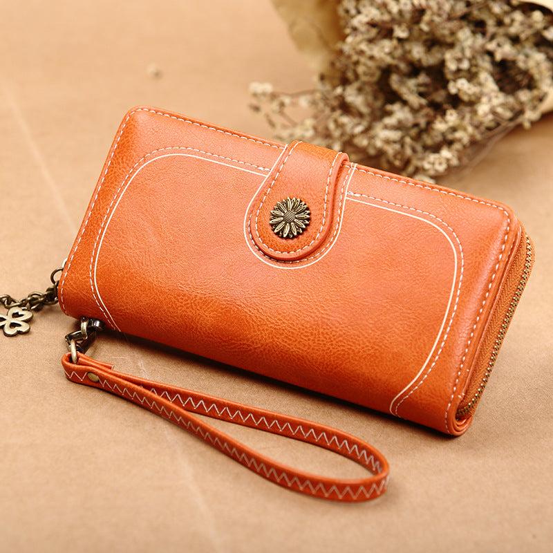 Faux Leather Long Zipper Wallet with Card Slots & ID Window