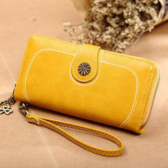Faux Leather Long Zipper Wallet with Card Slots & ID Window