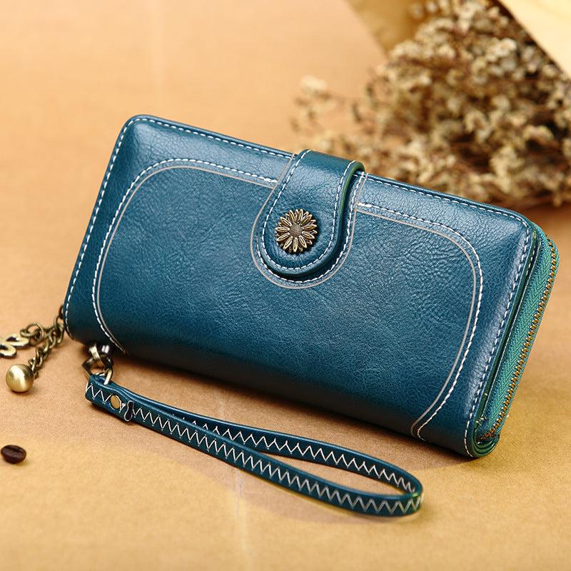 Faux Leather Long Zipper Wallet with Card Slots & ID Window