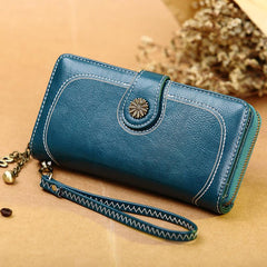 Faux Leather Long Zipper Wallet with Card Slots & ID Window