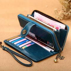 Faux Leather Long Zipper Wallet with Card Slots & ID Window