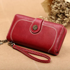 Faux Leather Long Zipper Wallet with Card Slots & ID Window