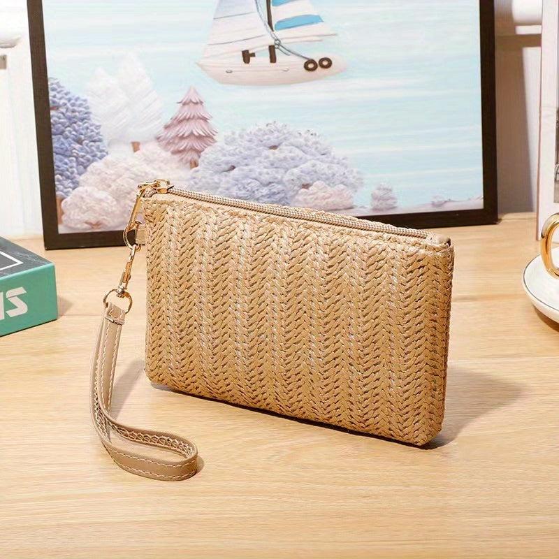 Straw Woven Clutch Wallet Braided Phone Purses Women's Square Zipper Handbags
