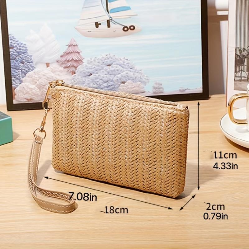 Straw Woven Clutch Wallet Braided Phone Purses Women's Square Zipper Handbags