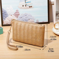 Straw Woven Clutch Wallet Braided Phone Purses Women's Square Zipper Handbags