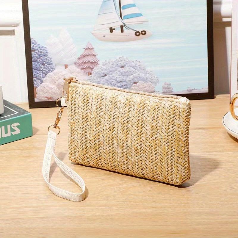 Straw Woven Clutch Wallet Braided Phone Purses Women's Square Zipper Handbags
