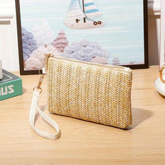 Straw Woven Clutch Wallet Braided Phone Purses Women's Square Zipper Handbags