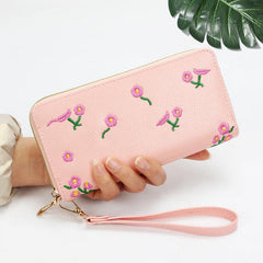 Flower Embroidered Long Wallet Zipper Coin Purse Credit Card Case