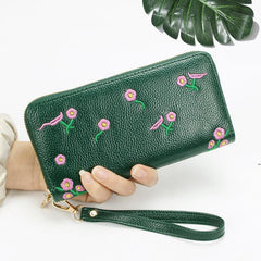 Flower Embroidered Long Wallet Zipper Coin Purse Credit Card Case