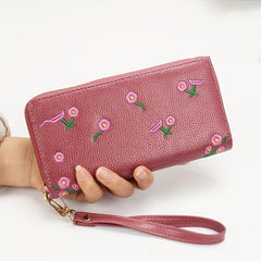 Flower Embroidered Long Wallet Zipper Coin Purse Credit Card Case