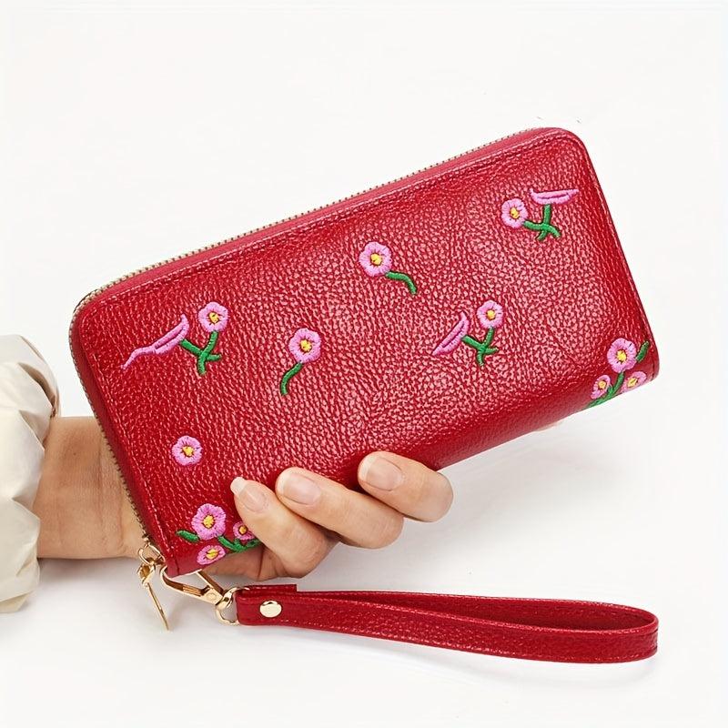 Flower Embroidered Long Wallet Zipper Coin Purse Credit Card Case
