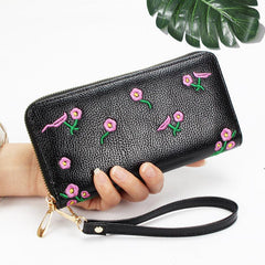 Flower Embroidered Long Wallet Zipper Coin Purse Credit Card Case