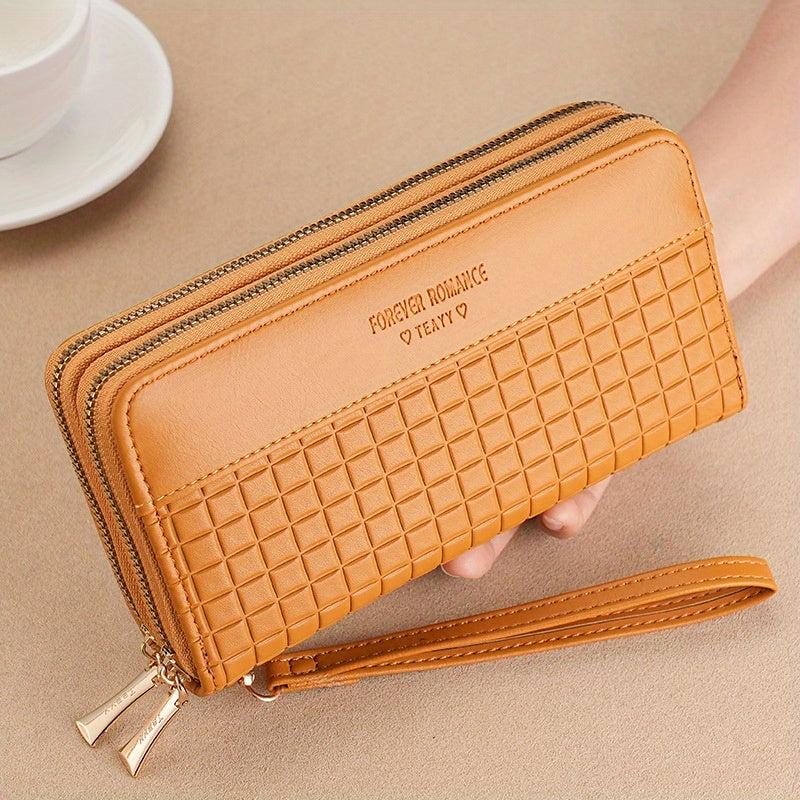 Double Zipper Clutch Wallet Solid Plaid Embossed Purse Large Capacity Coin Purse