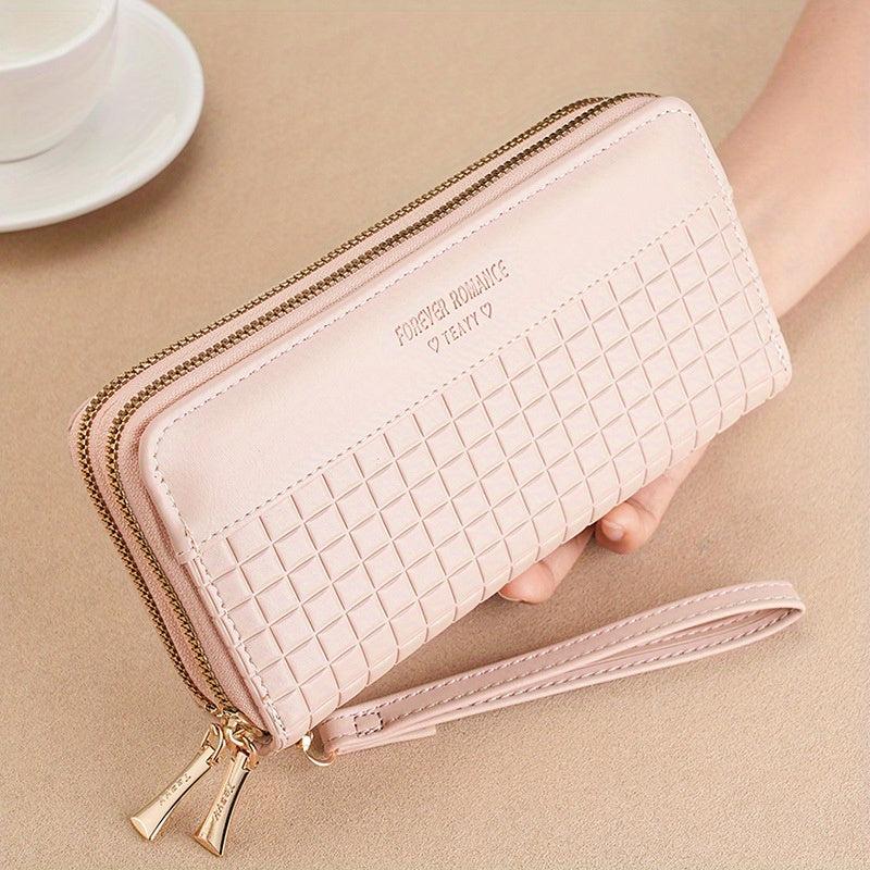 Double Zipper Clutch Wallet Solid Plaid Embossed Purse Large Capacity Coin Purse