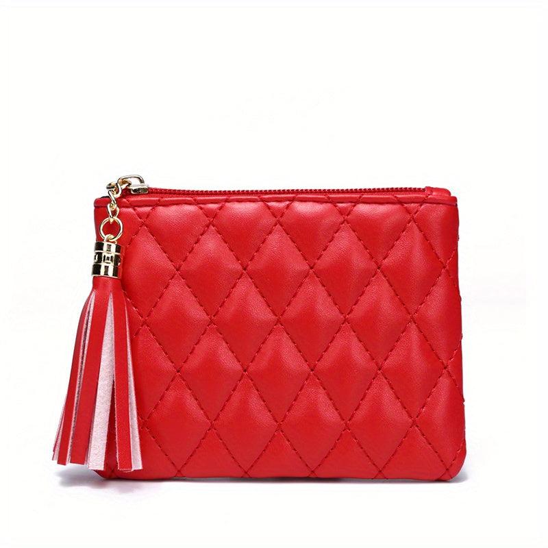 Plaid Mini Purse Tassel Zipper Clutch Bag Faux Leather Coin Cash Card Storage