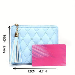 Plaid Mini Purse Tassel Zipper Clutch Bag Faux Leather Coin Cash Card Storage