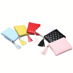 Plaid Mini Purse Tassel Zipper Clutch Bag Faux Leather Coin Cash Card Storage