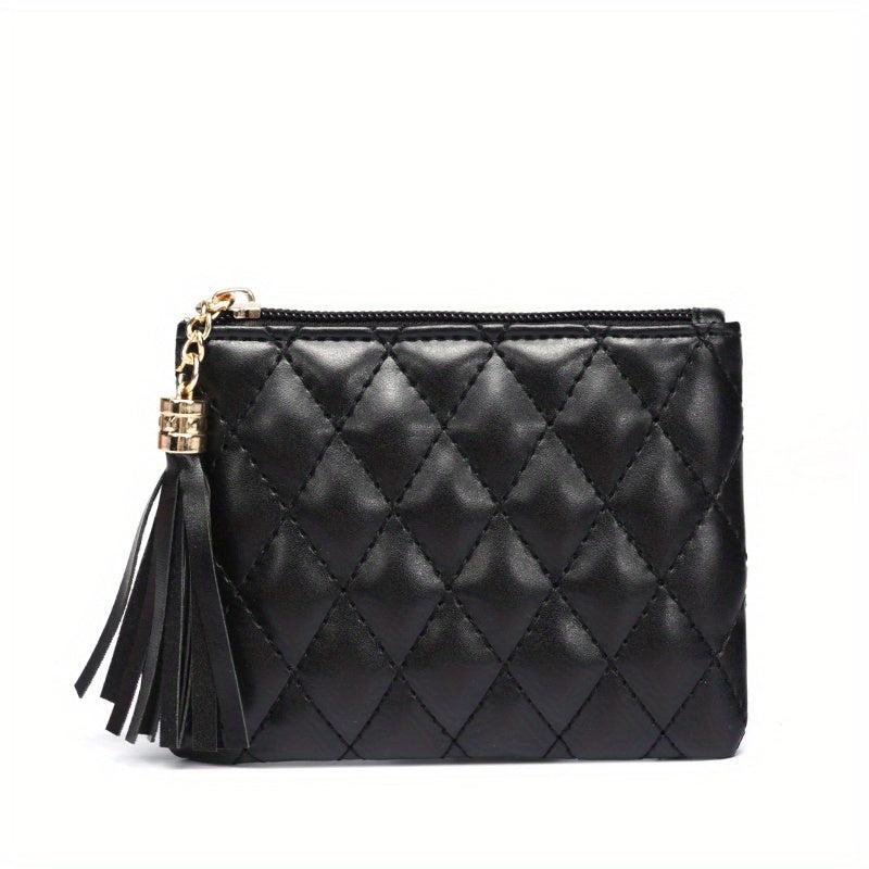 Plaid Mini Purse Tassel Zipper Clutch Bag Faux Leather Coin Cash Card Storage