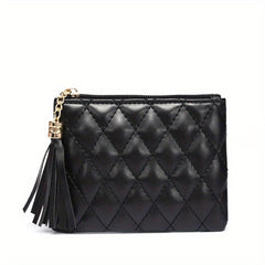 Plaid Mini Purse Tassel Zipper Clutch Bag Faux Leather Coin Cash Card Storage