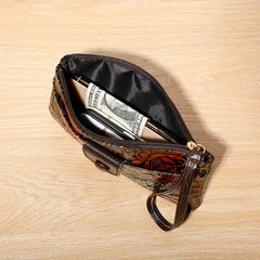 Vintage Flower Embossed Clutch Bag Zipper Long Wallet for Women