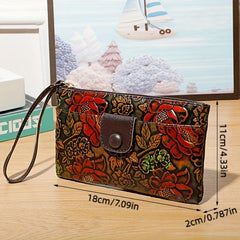 Vintage Flower Embossed Clutch Bag Zipper Long Wallet for Women