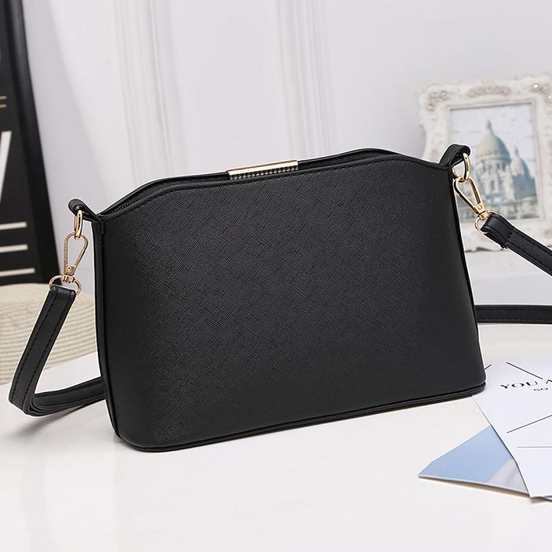 Metal Decor Textured Crossbody Bag Faux Leather Shoulder Purse